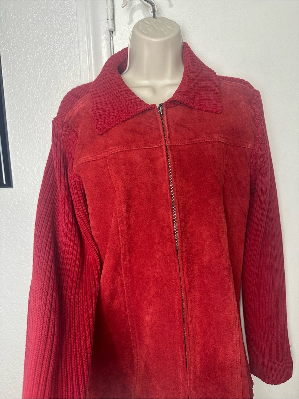 Denim&Co Red Suede Knit-Sleeve Zip Jacket - Picture 2 of 5